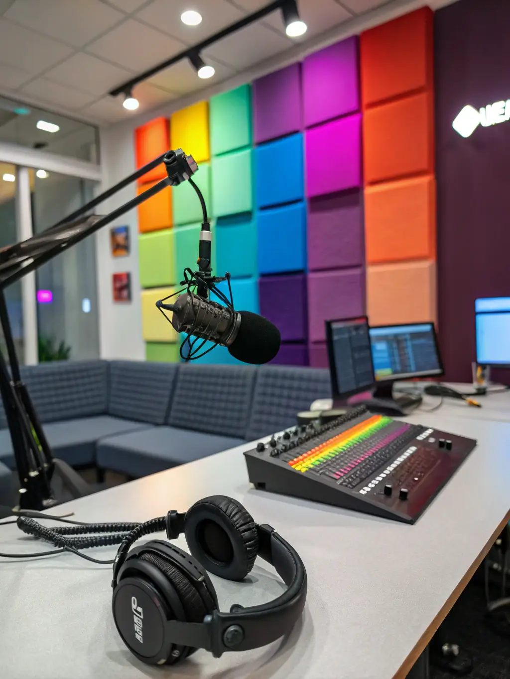 A professional image of a radio broadcasting studio, with a focus on modern equipment and a presenter, representing the power of traditional advertising in reaching a broad audience in Italy.