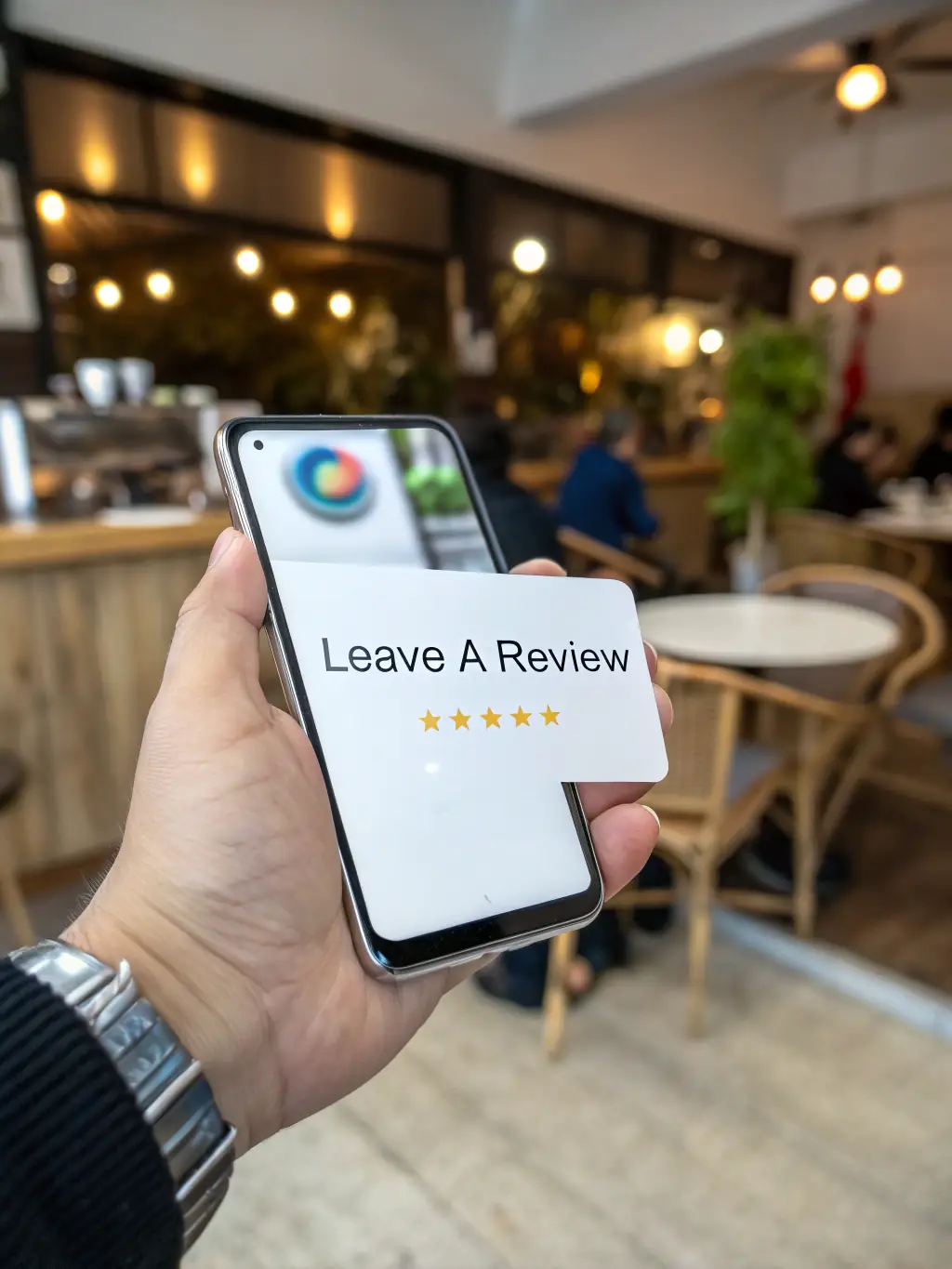 A clean and optimized Google My Business profile on a mobile phone, showcasing positive reviews, accurate business information, and engaging photos for a local Italian business.